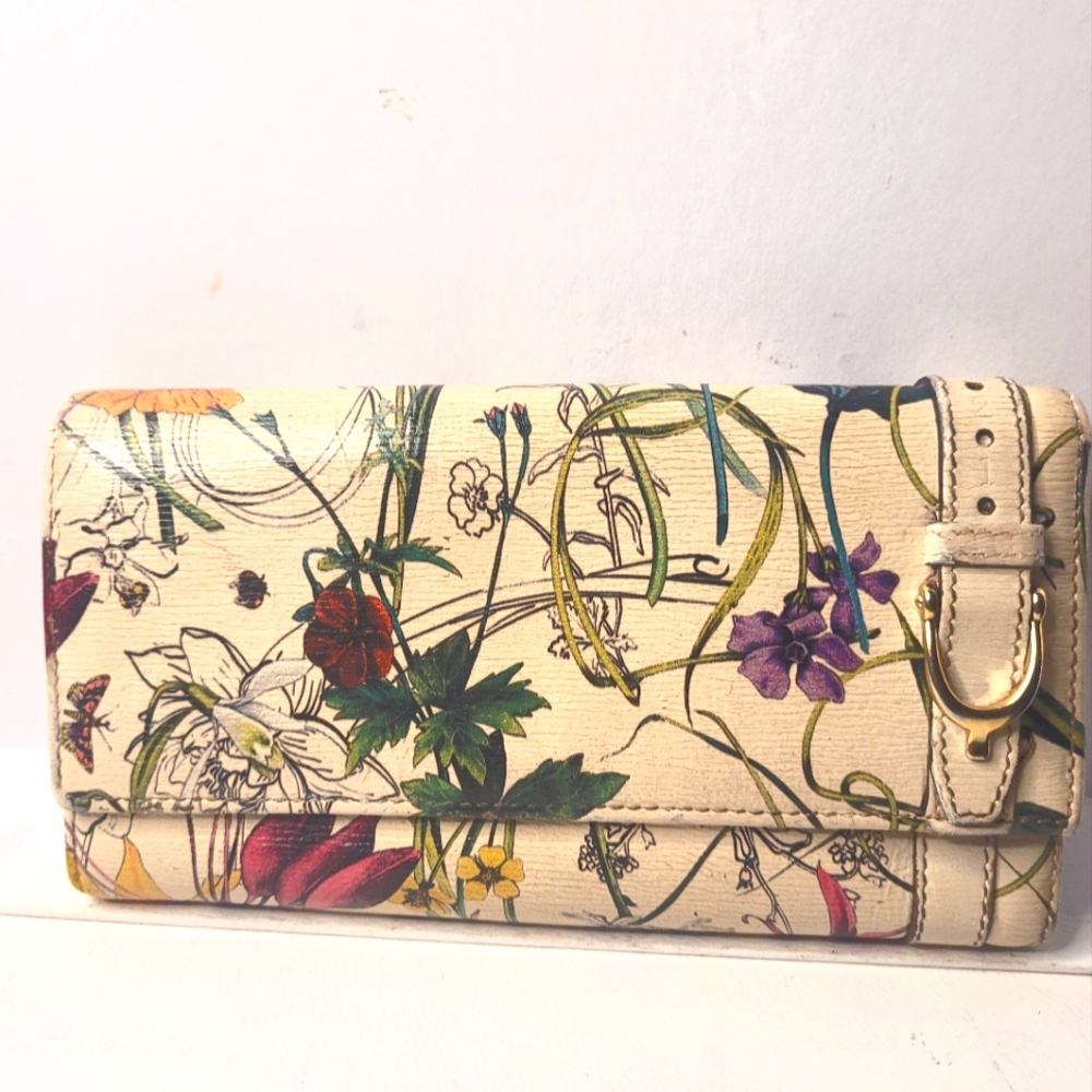 Gucci Nymphae Azure Floral Blue Continental Leather Wallet